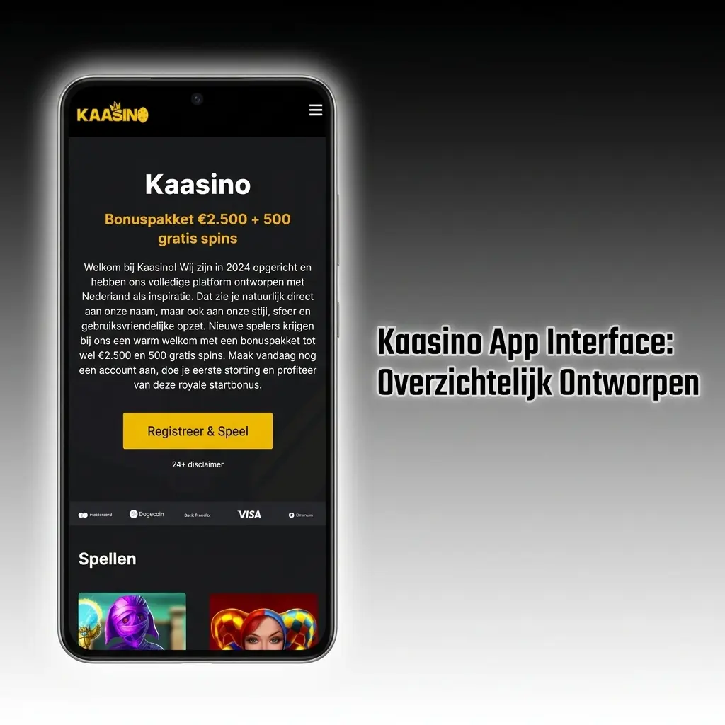 Kaasino app interface met donker thema en groene accenten